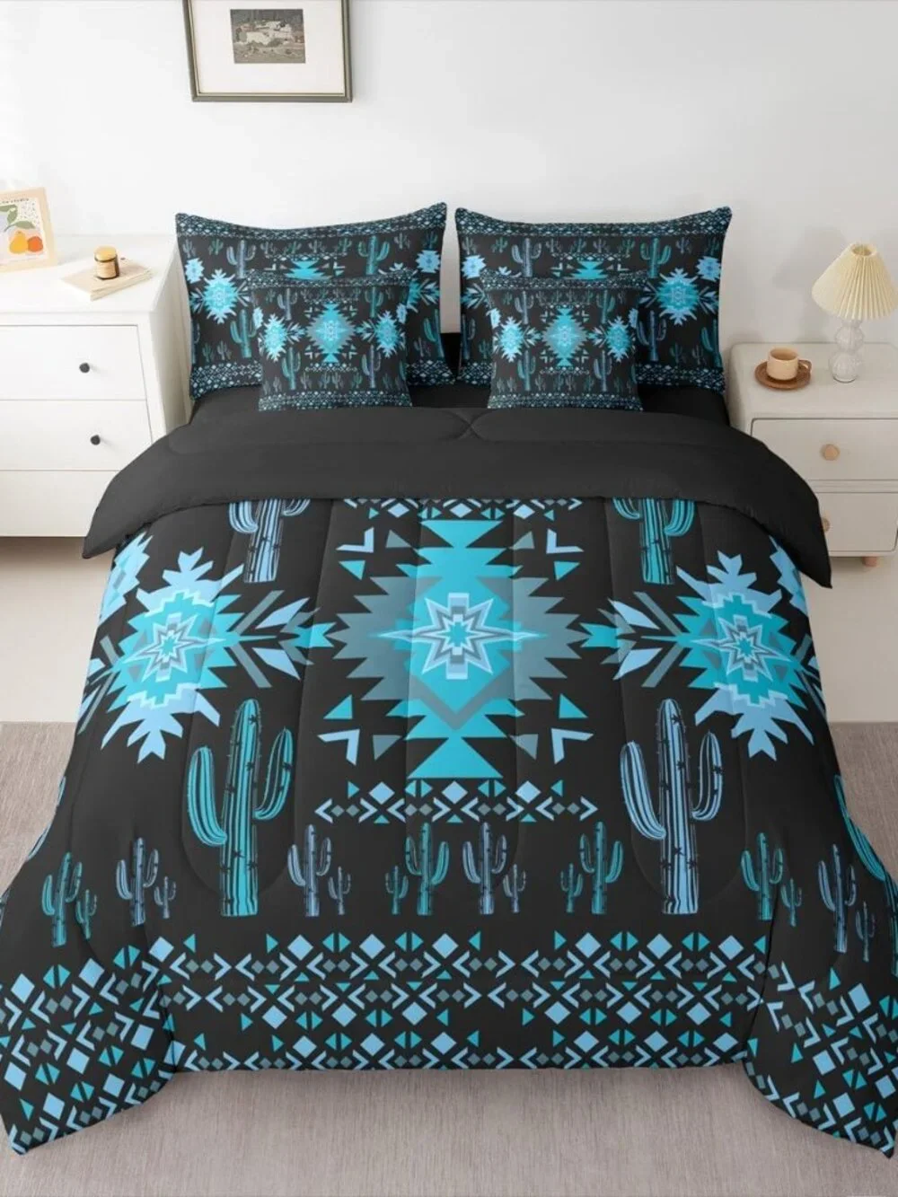 Black Southwestern Aztec Comforter Set with Sheets for Kids Boys Girls Geometric